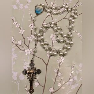 Elegant Faux White Pearl Rosary with Silver Cross and Inspiration Words. 30 inch